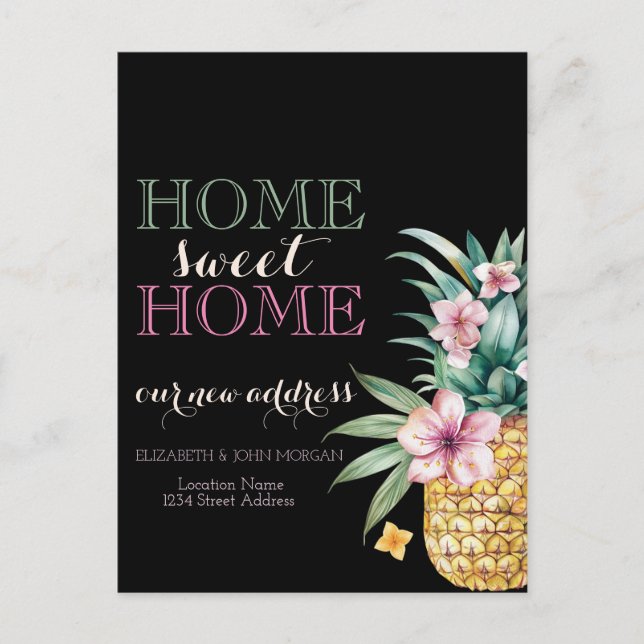Hem sweet hem, blomsterananas, svart nytt adress meddelande vykort (Framsida)