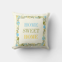 "HEM SWEET HOME" blommigt gräns aqua och gult Kudde