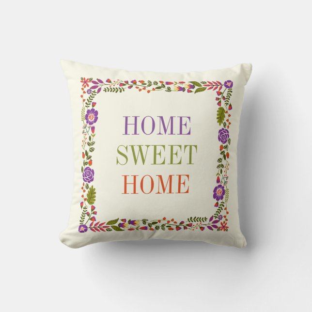 "HEM SWEET HOME" vår blommigt lila, orange Kudde (Framsida)