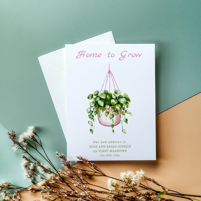 Hem till Grow Ny adress Flytta Meddelande (“Home to Grow” moving announcement. Lush watercolor  hanging plant illustration with pink string)