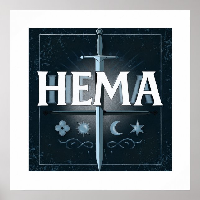 HEMA Medieval Sword Emblem – Blue Graffiti Style Poster (Framsidan)