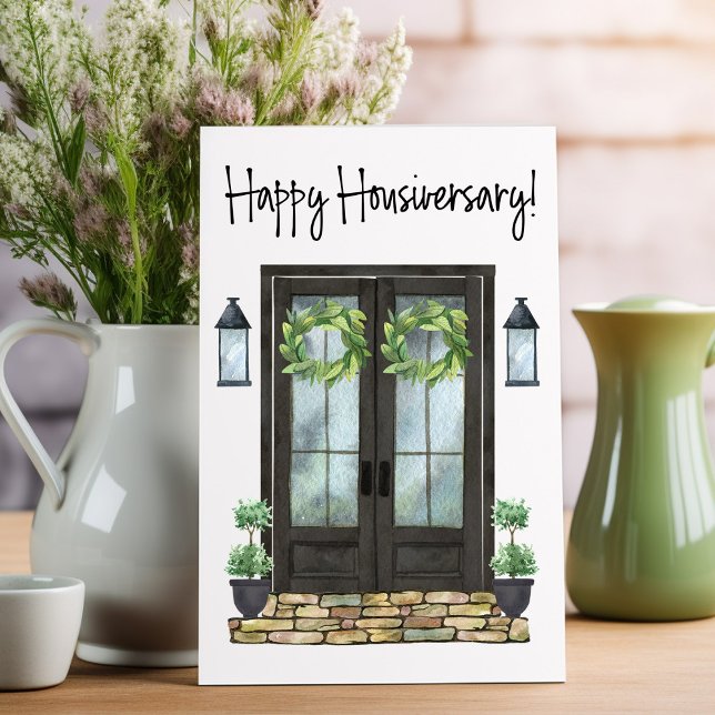 Hemårsdagen för lycklig-affären kort (One year home anniversary card for your real estate clients.)