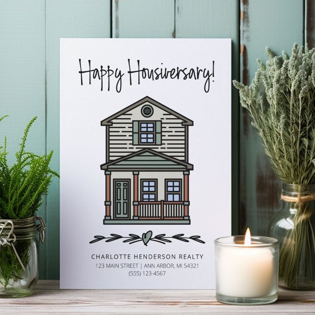 Hemårsdagen för Lycklig-bostaden Kort (Happy Housiversary cards for real estate clients first year home anniversary.)