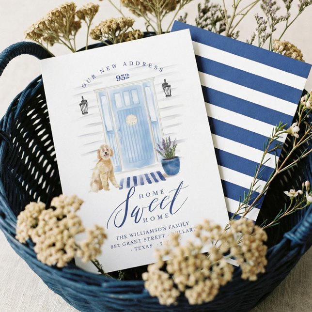 Hemblå, blå, vattenfärgad ytterdörr till kusten meddelande (Home Sweet Home Blue Coastal Watercolor Front Door Announcement)