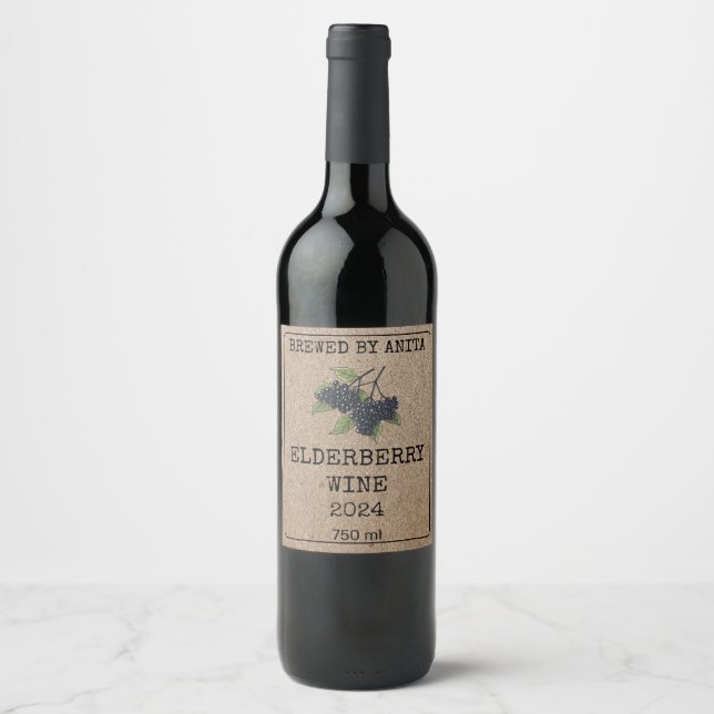 Hembrygga Elderberry Vin Kraft Papprare Stil Vinflaska Etikett (Framsida)