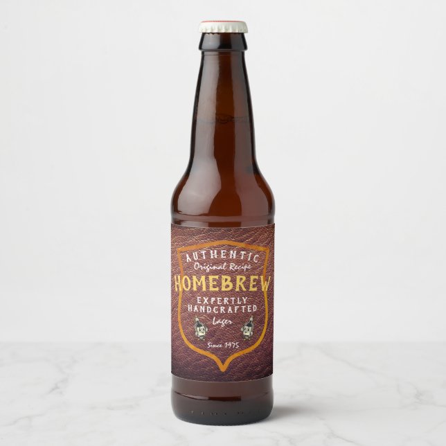 Hembryggd Äkta Originalrecept Falskt Läder Ölflaska Etikett (Framsida)