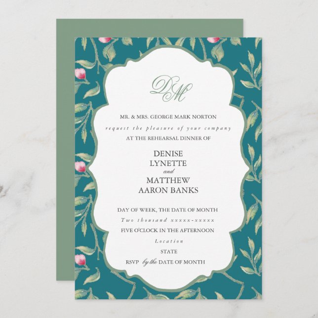 Hemdag för Harbour Blue och Basil Grönt Rehearsal Inbjudningar (Fram/baksida)