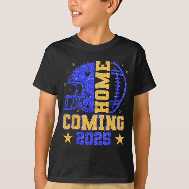 Hemkomst 2025 Hoco Fotboll Mama Flicka Blå Guld  T Shirt (Framsida)