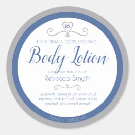Hemlagad kroppslotion ingredienser blå silveretike runt klistermärke