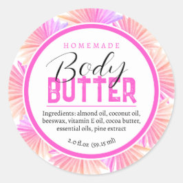 Hemlagad kroppssmör ingredienser rosa palmer runt klistermärke