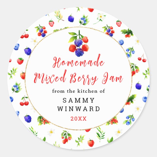 Hemlagad Mixed Berry Jam Konserverings Etikett (Framsida)