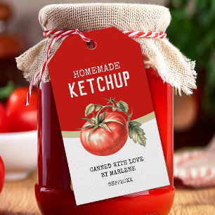 Hemlagad tomatketchup med röda tomater presentetikett