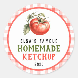 Hemlagad tomatketchup med röda tomatgårdsblick runt klistermärke