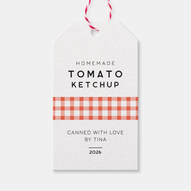 Hemlagad tomatketchup med rutigt mönster presentetikett (Framsidan)