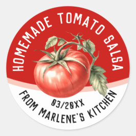 Hemlagad tomatsalsa med röda tomater runt klistermärke
