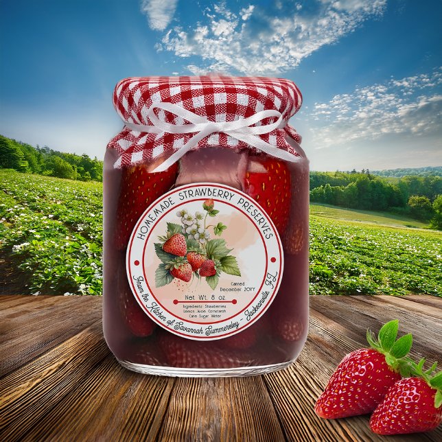 Hemlagat jordgubbskonservering runt klistermärke (Homemade Strawberry Preserves Canning PAPER Classic Round Sticker)
