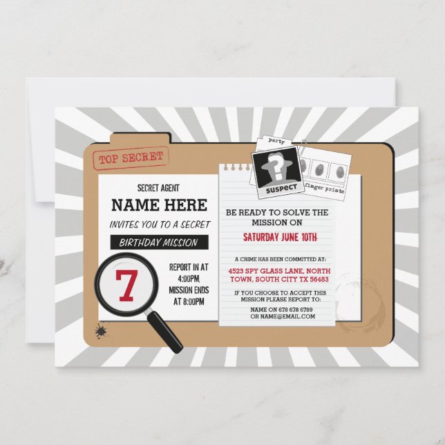 Hemlig Agent-födelsedagschef Uppdrag Inbjudan (Framsida)