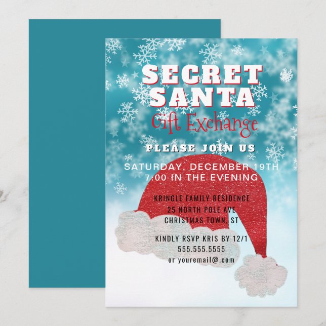 Hemlig inbjudan för blått för party för Santa (Fram/baksida)