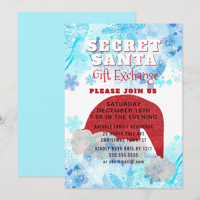 Hemlig inbjudan för party för Santa gåvautbyte (Fram/baksida)