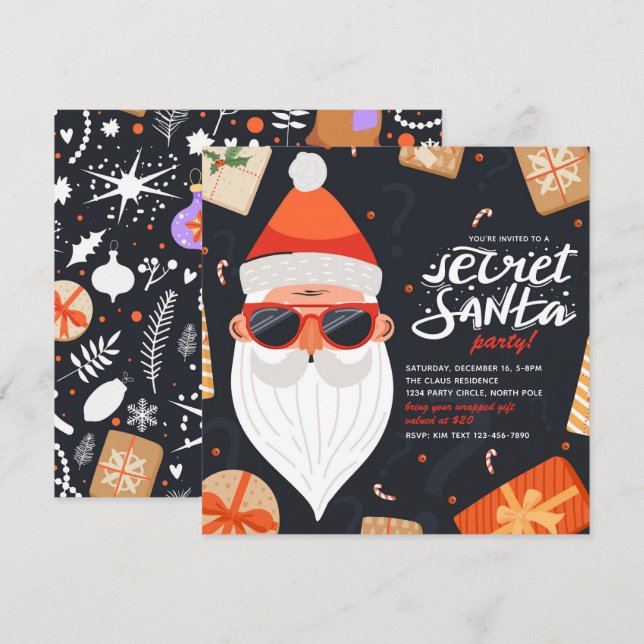 Hemlig jultomtsinbjudan | Secret Santa Party Inbjudningar (Fram/baksida)