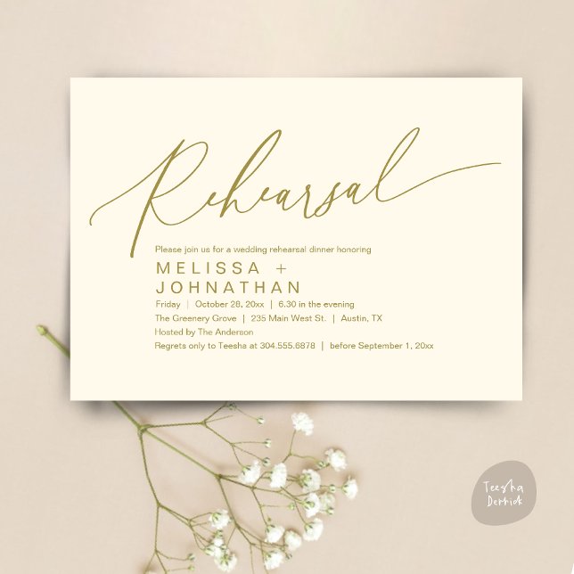 Hemlig middag,Natten före Bröllopsfest in Inbjudningar (Romantic Rehearsal Dinner The Night Before Wedding Dinner Party Invitation Card PDF Yellow Gold)
