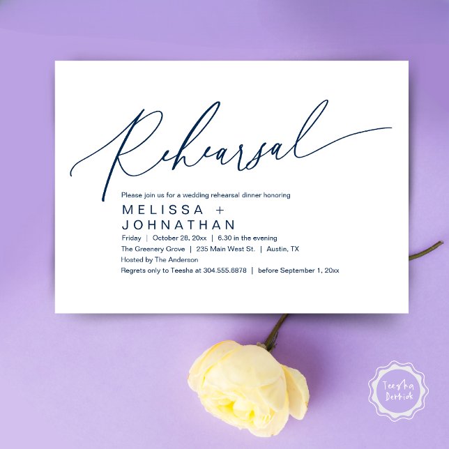 Hemlig middag,Natten före Bröllopsfest in Inbjudningar (Romantic Rehearsal Dinner The Night Before Wedding Dinner Party Invitation Card PDF Navy Blue)