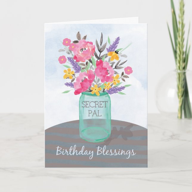 Hemlig Pal Birthday Blessings Burk Vas w/Flowers Kort (Framsida)