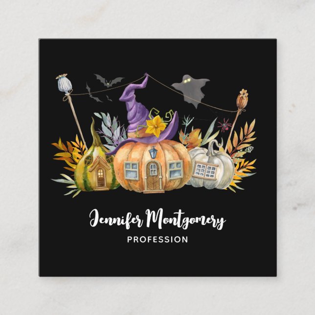 Hemlig pumpkin House med Ghost & Fladdermöss Fyrkantigt Visitkort (Framsida)
