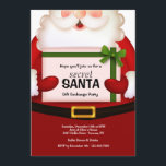 Hemlig Santa julfestinbjudan Inbjudningar<br><div class="desc">Inbjudangäster till ditt julgåvautbyte festar med denna förtjusande inbjudan som presenterar det Santa innehav upp en slågen in gåva. Kortet är lätt att skräddarsy med ditt uttrycka, stilsorten, stilsortsfärg, formar papper alternativ och primat av sex pappra typer. Inte exakt vad söker efter du? Alla våra produkter kan vara beställnings- designat...</div>