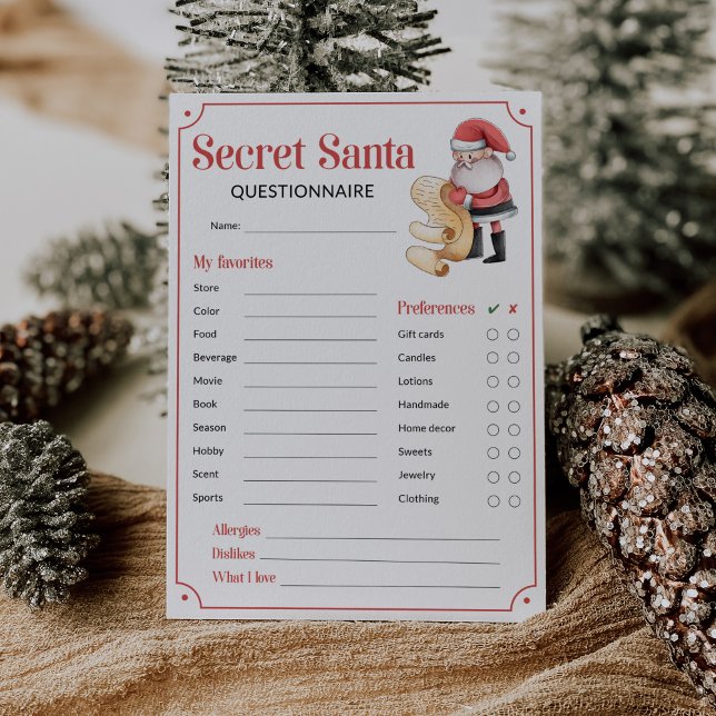 Hemlig Santa Questionnaire för gift Exchange-kort (Secret Santa Questionnaire)