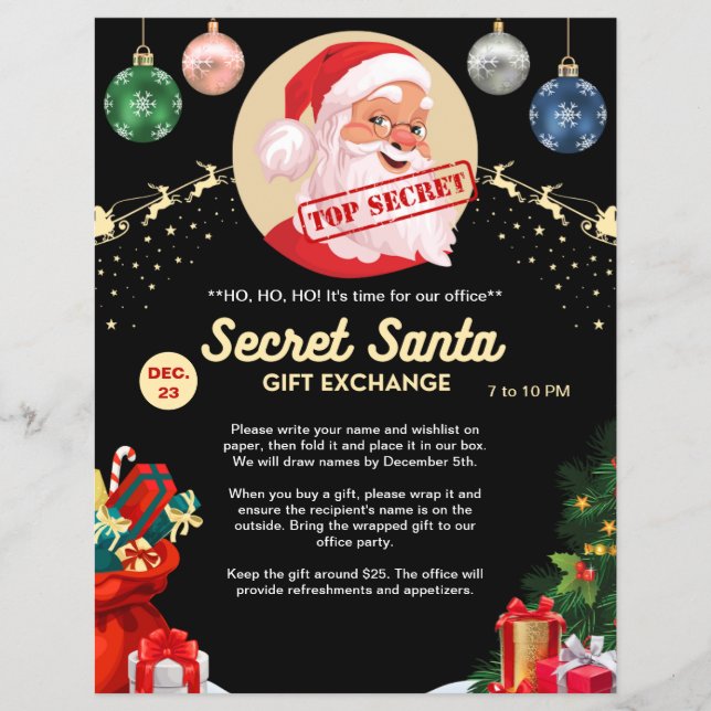 Hemlig Tomte Julklappsutbyte Svart Jul Event Party Reklamblad (Framsidan)
