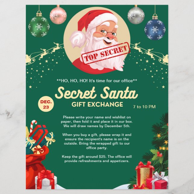 Hemlig Tomte Presentutbyte Grön Julfest Reklamblad (Framsidan)
