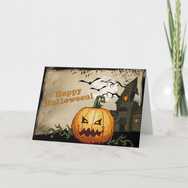 Hemligt hus och Jack o'Lantern Halloween Card Kort (Framsida)