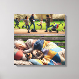 Hemlös Dam Napping på en parkbench Canvastryck