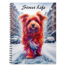 Hemlös hund på kall vinterkväll i stadsmiljö anteckningsbok