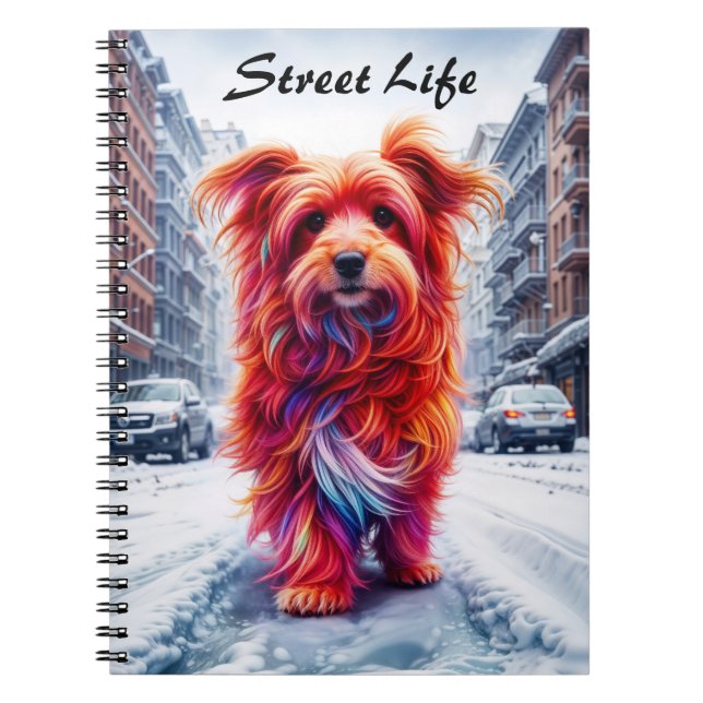 Hemlös hund på kall vinterkväll i stadsmiljö anteckningsbok (Framsidan)