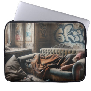 Hemlös man som sover i övergiven byggnad laptop fodral