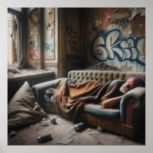 Hemlös man som sover i övergiven byggnad poster
