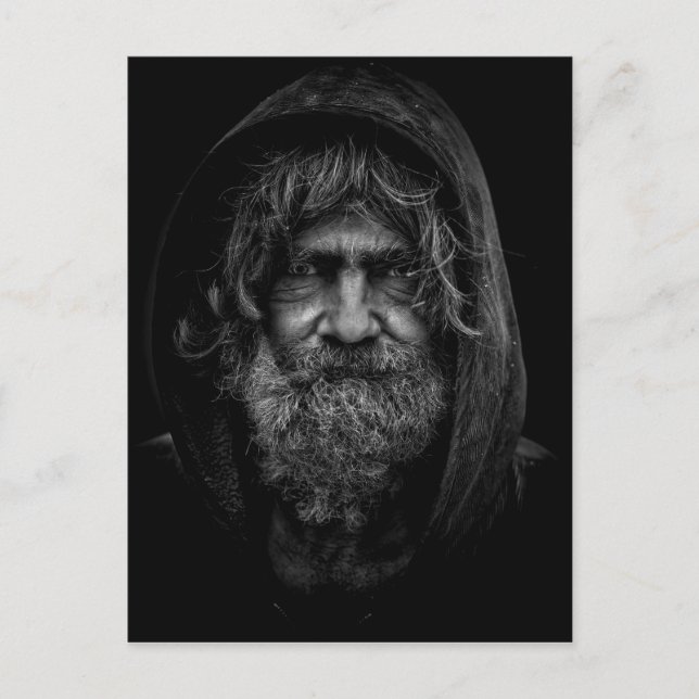 Hemlös och hjälplös man i svartvitt vykort (Framsida)