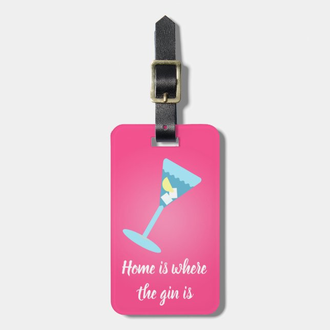 Hemma är där gin är. På rosa, med ditt namn Bagagebricka (Vertikal Framsida)