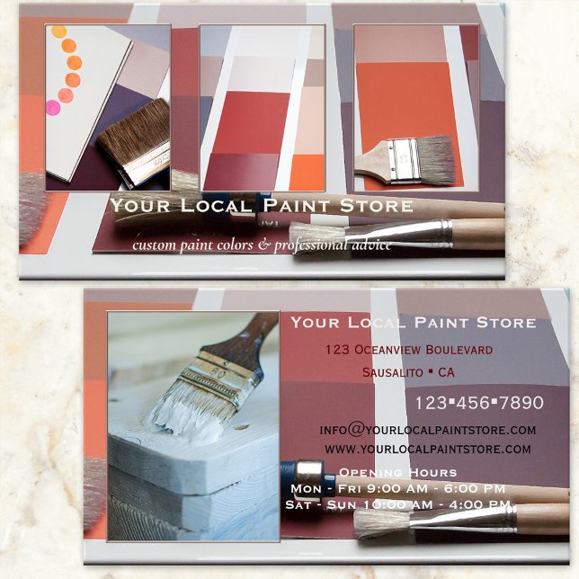 Hemma för din 4-fotomålarkiv, Dekoration Visitkort (Business card featuring your photos (optional) framed by paint swatches and brushes - paint retailer)