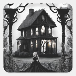 Hemma hus med Creepy Ghost Dam Fyrkantigt Klistermärke