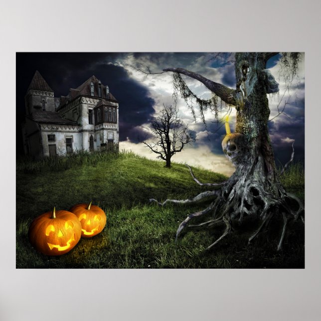 Hemma hus med Jack o lantern på Halloween Poster (Framsidan)