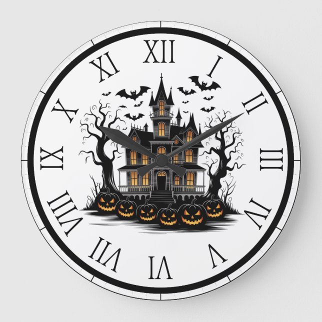 Hemma hus med påvlar och Fladdermus Halloween Stor Klocka (Framsida)