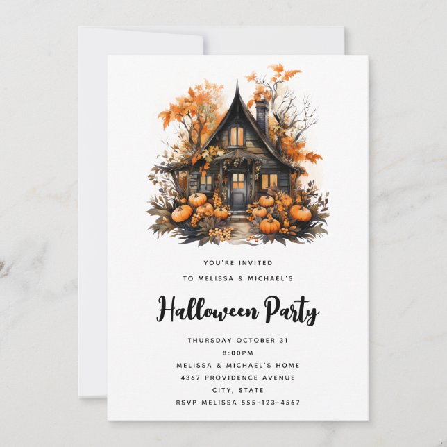 Hemma hus med Pumpkins Halloween Inbjudningar (Framsida)