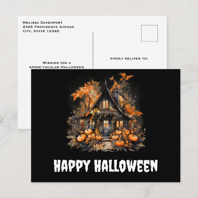 Hemma hus med Pumpkins Halloween Vykort (Fram/baksida)