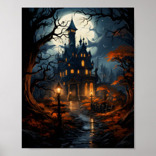 Hemma hus med Träd runt Halloween-natten Poster