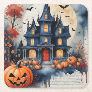Hemma hus under måndagsmorgonen Halloween Magic Underlägg Papper Kvadrat