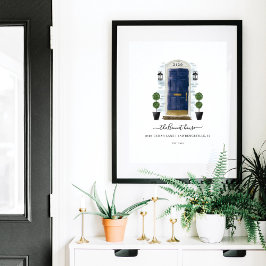 Hemma, söt hemfamiljefärg, blå vattenfärgsdörr poster