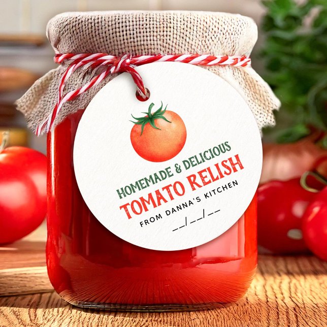 Hemma Tillverkad Tomatrelish etikett med röd tomat (Skapare uppladdad)